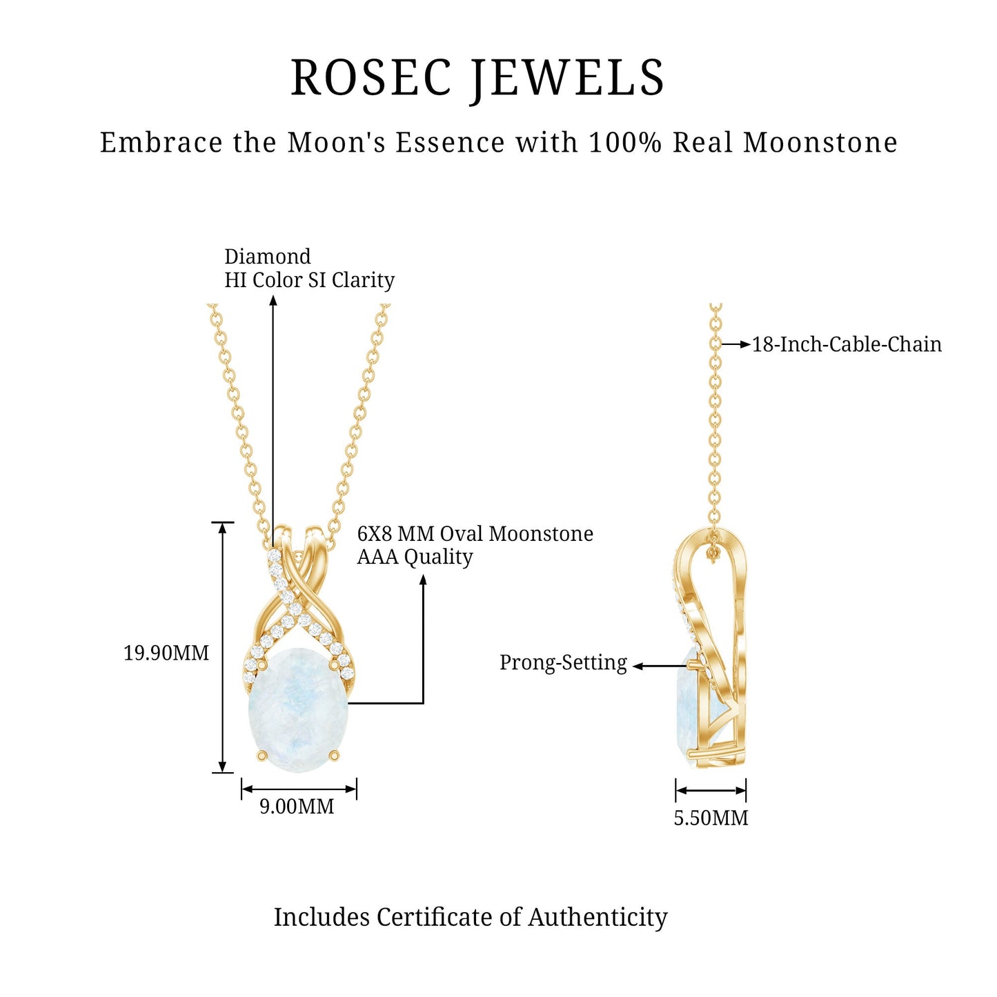 Real 0.6 Carat Oval Shape Moonstone Necklace with Diamond Twisted Bail