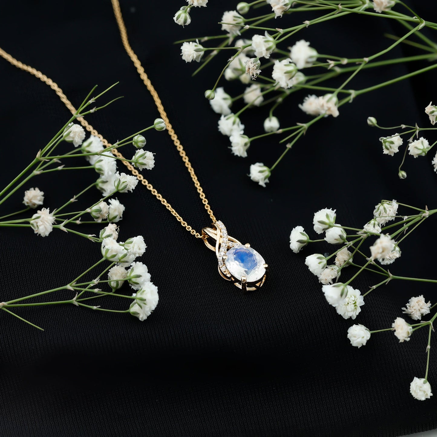 Real 0.6 Carat Oval Shape Moonstone Necklace with Diamond Twisted Bail