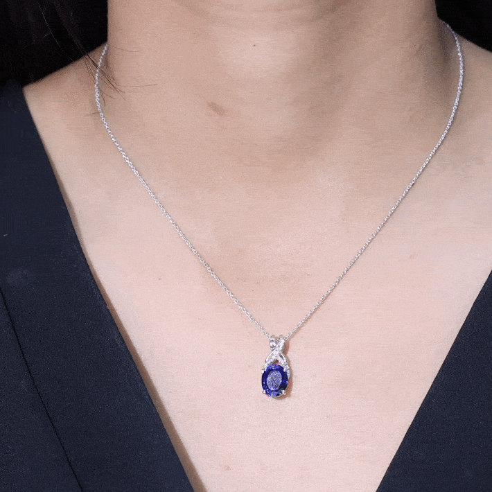 4 Carat Oval Lab Created Blue Sapphire Necklace with Diamond Twisted Bail