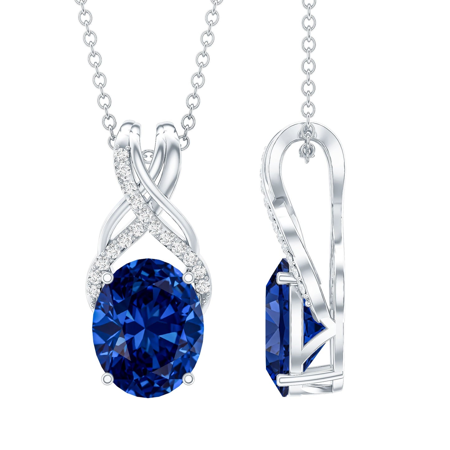 4 Carat Oval Lab Created Blue Sapphire Necklace with Diamond Twisted Bail