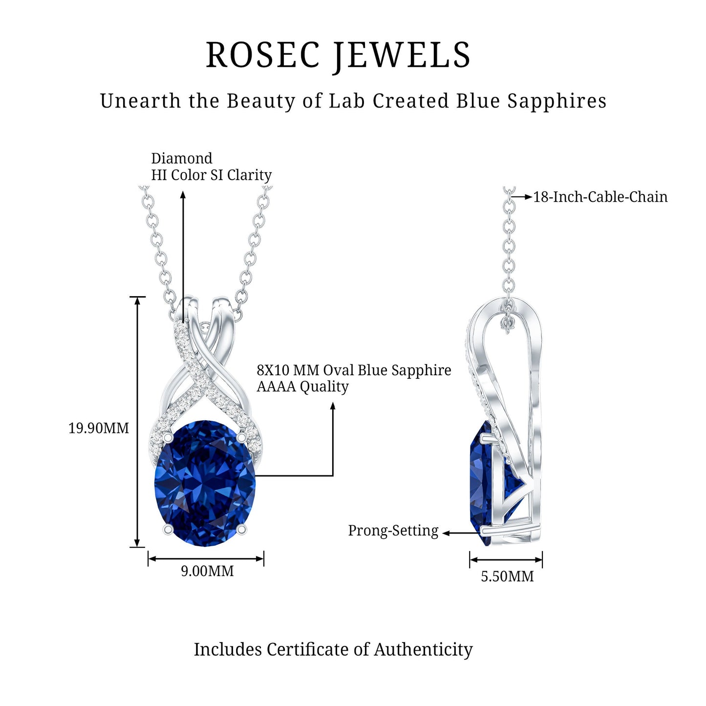 4 Carat Oval Lab Created Blue Sapphire Necklace with Diamond Twisted Bail