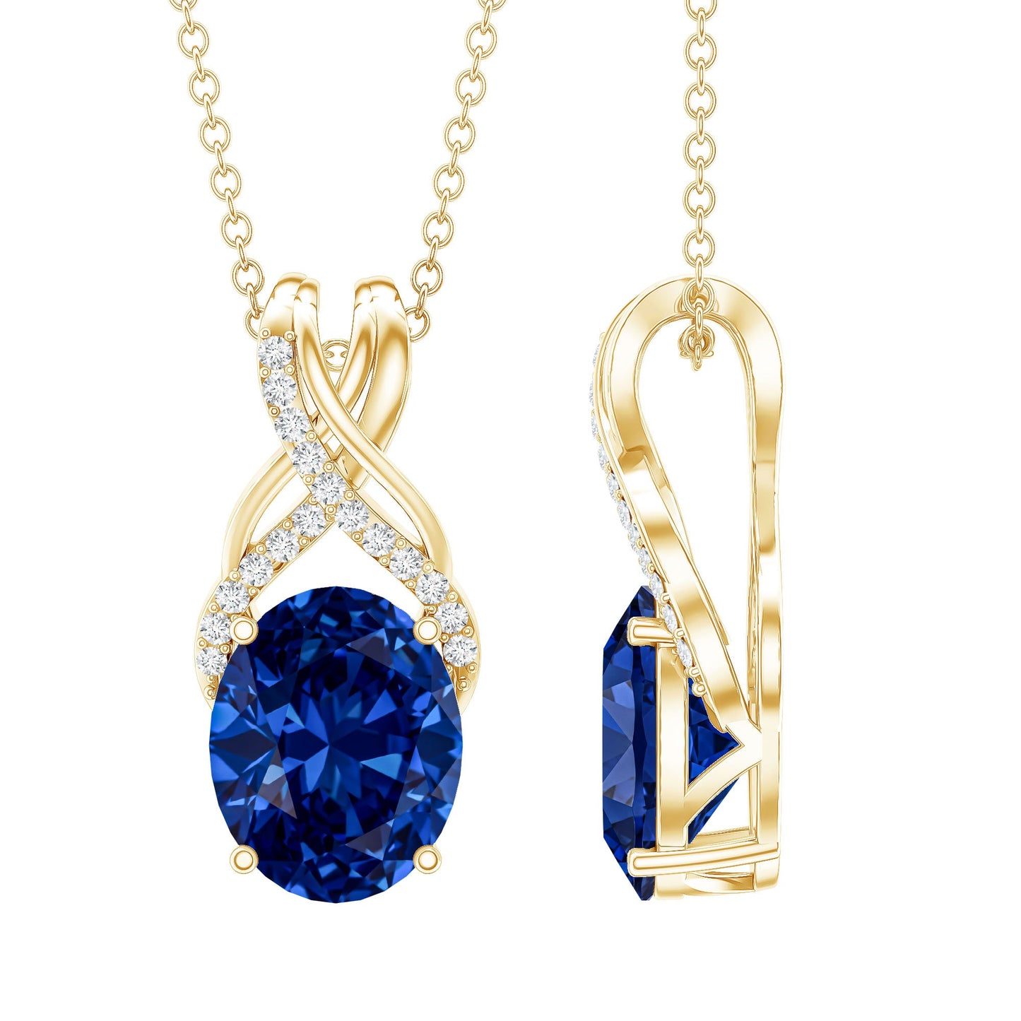 4 Carat Oval Lab Created Blue Sapphire Necklace with Diamond Twisted Bail