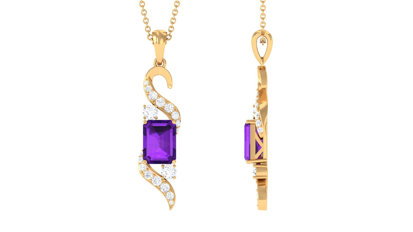 Natural 1.4 Carat Emerald Cut Amethyst Designer Necklace with Chain