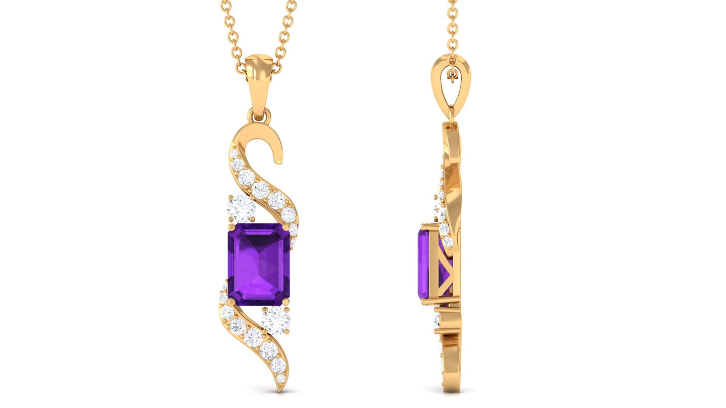 Natural 1.4 Carat Emerald Cut Amethyst Designer Necklace with Chain
