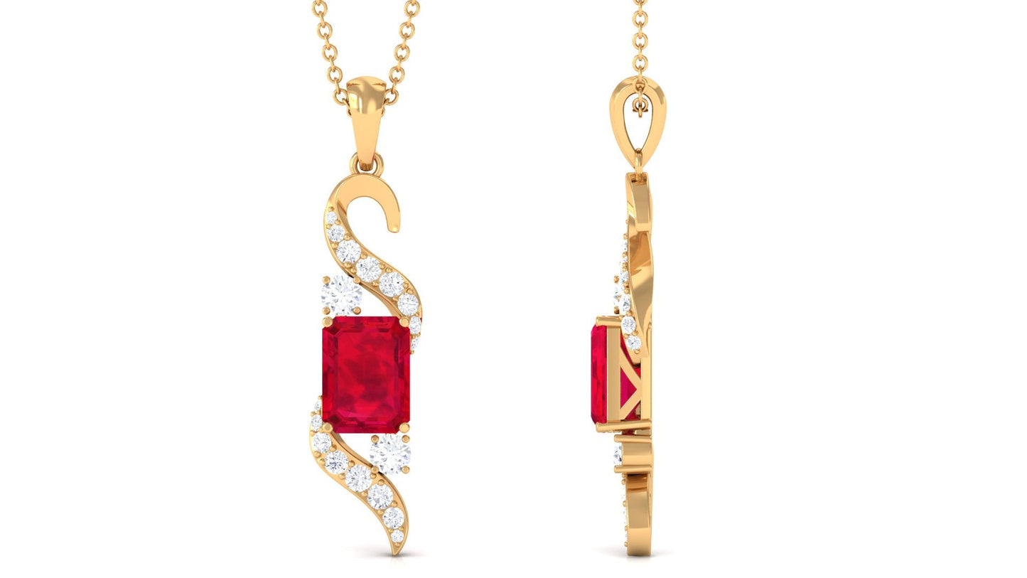 Emerald Cut Created Ruby Designer Dangle Pendant with Diamond