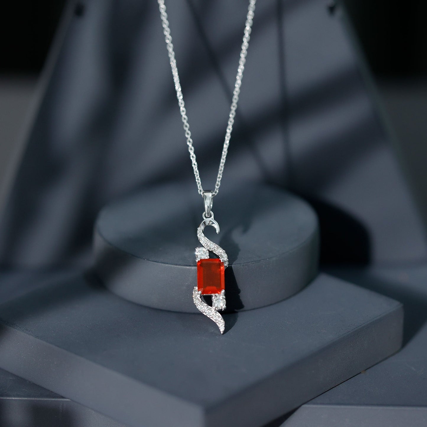 1 Carat Emerald Cut Fire Opal Designer Pendant with Diamond