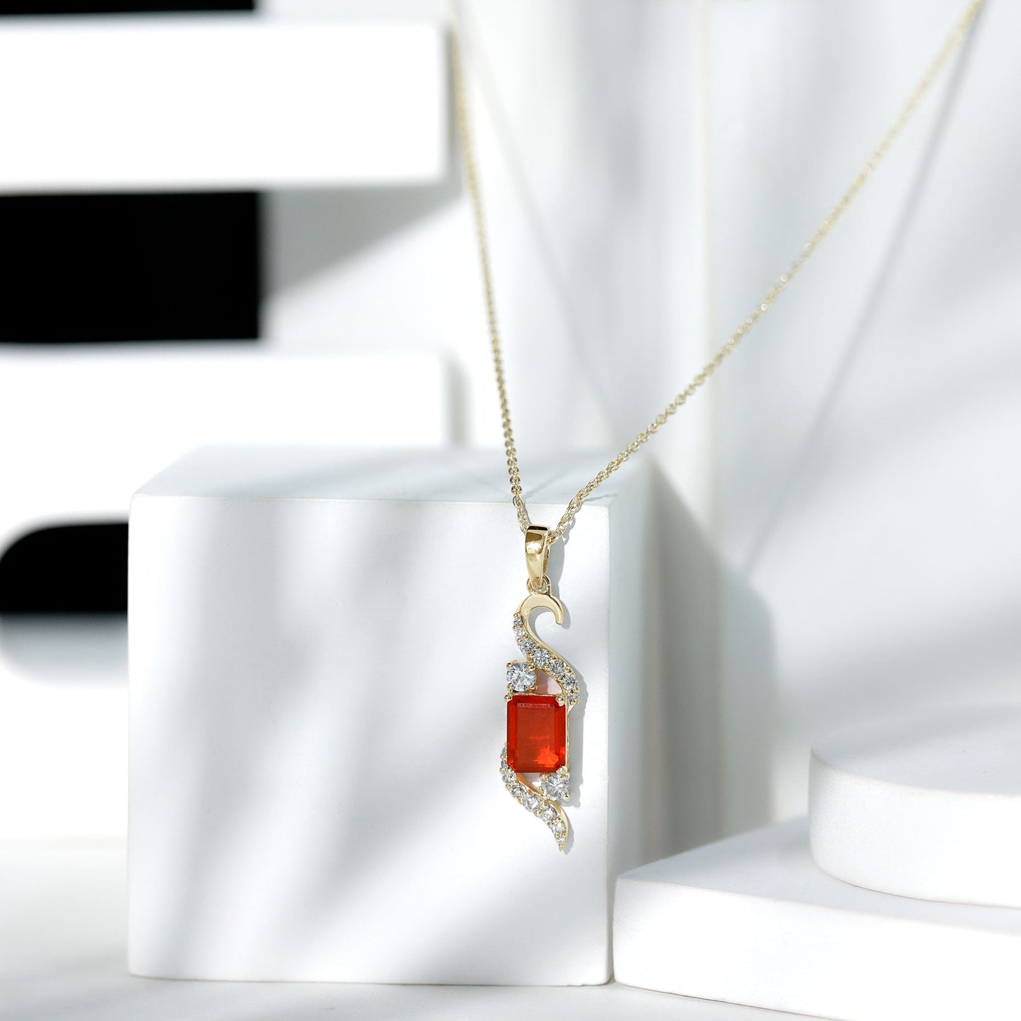 1 Carat Emerald Cut Fire Opal Designer Pendant with Diamond