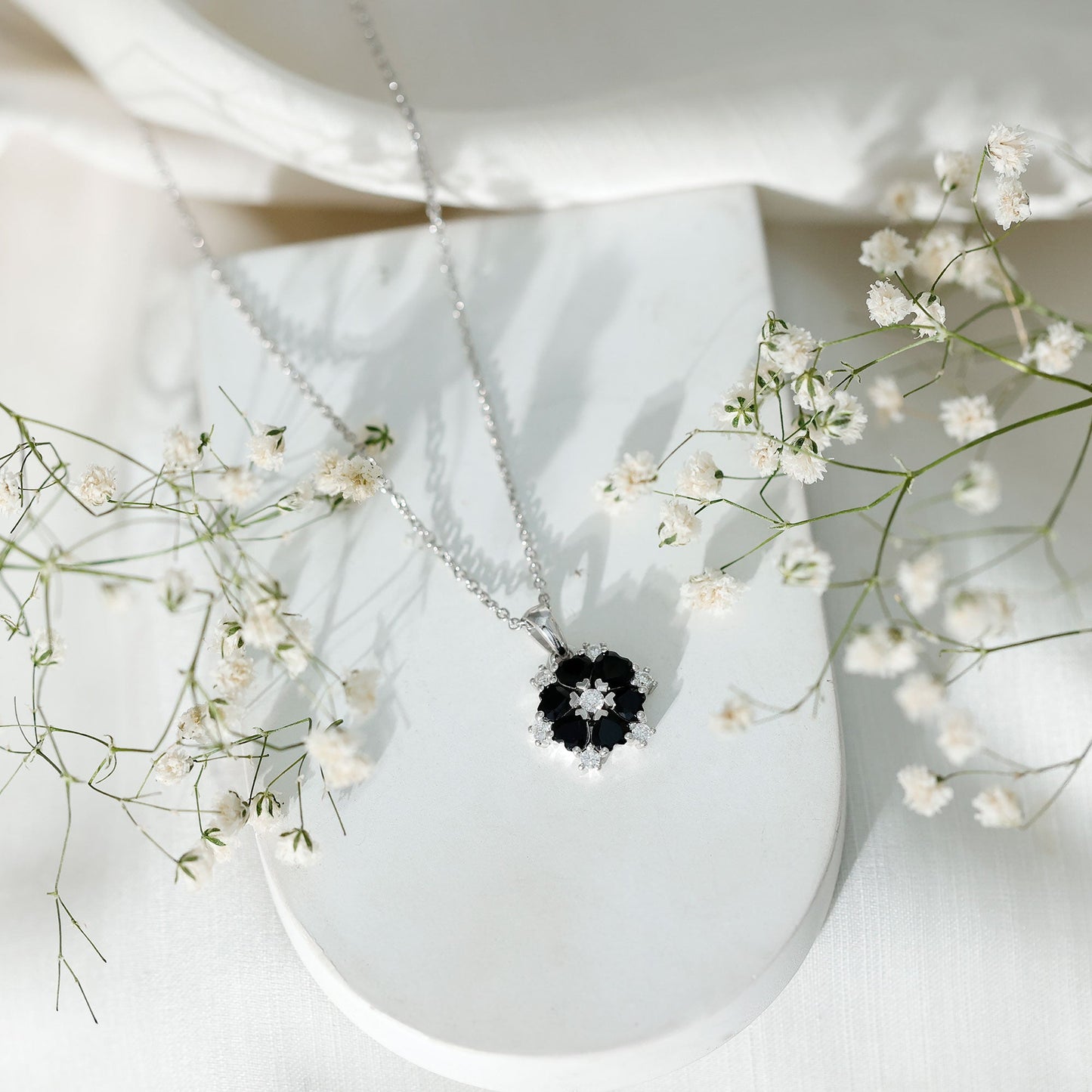 Heart Lab Created Black Diamond Flower Pendant Necklace