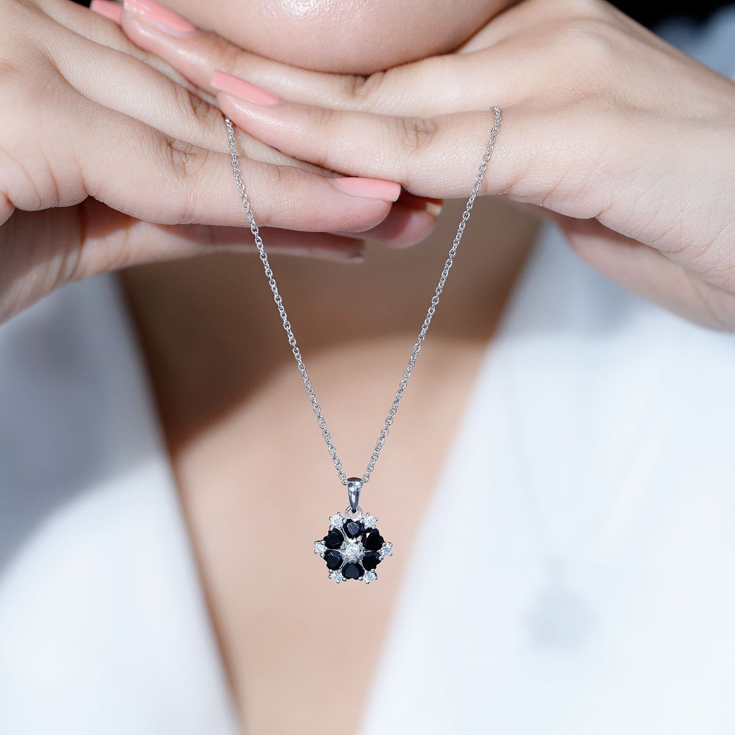 Heart Lab Created Black Diamond Flower Pendant Necklace