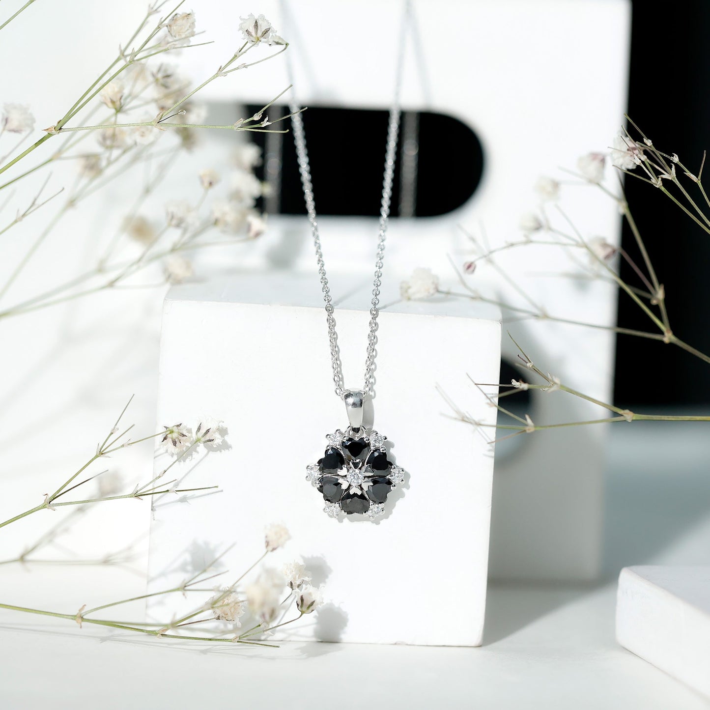 Heart Lab Created Black Diamond Flower Pendant Necklace