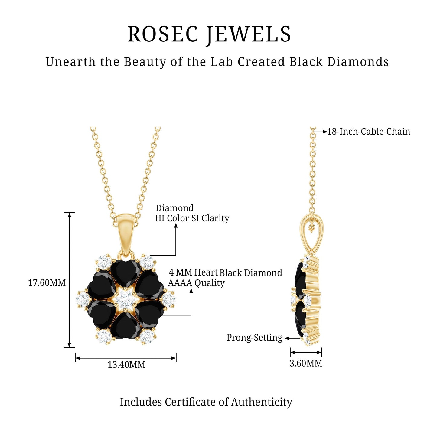 Heart Lab Created Black Diamond Flower Pendant Necklace