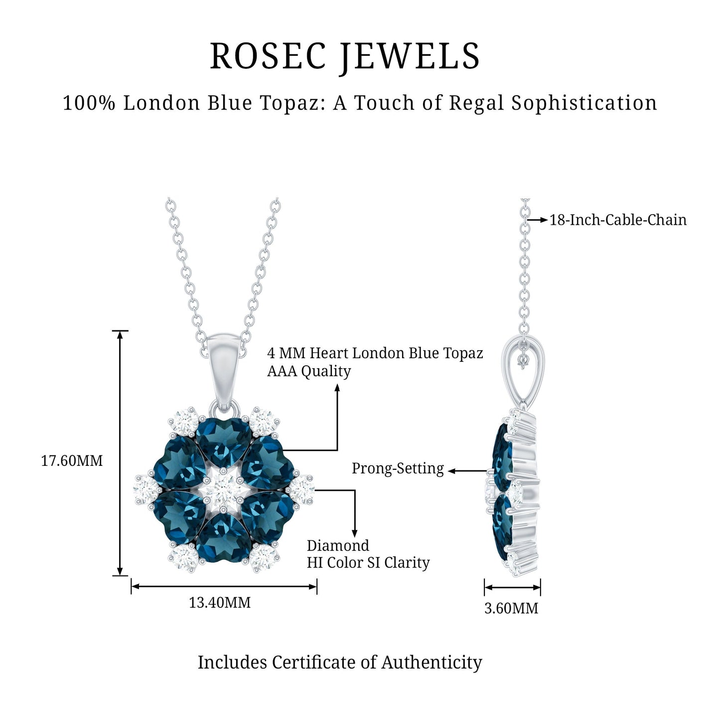 Genuine Heart Shape London Blue Topaz and Diamond Flower Necklace