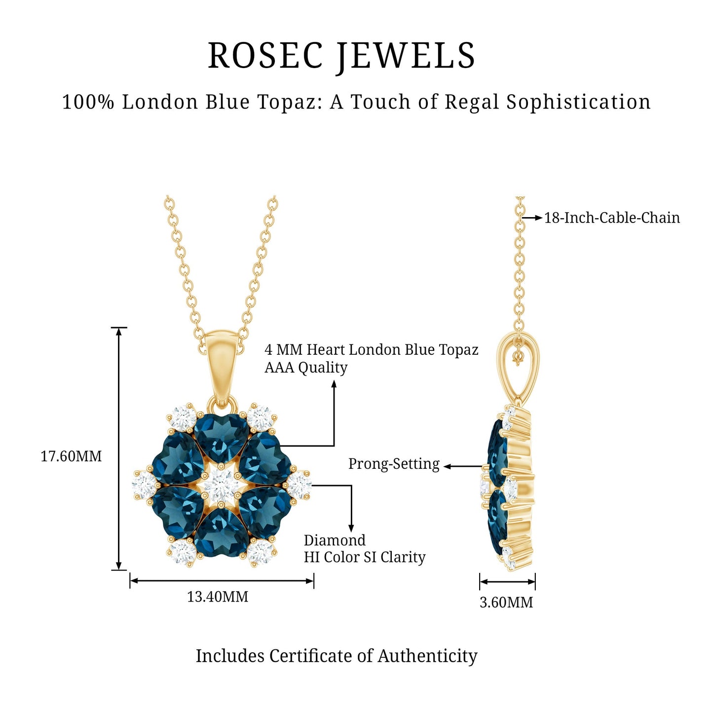 Genuine Heart Shape London Blue Topaz and Diamond Flower Necklace