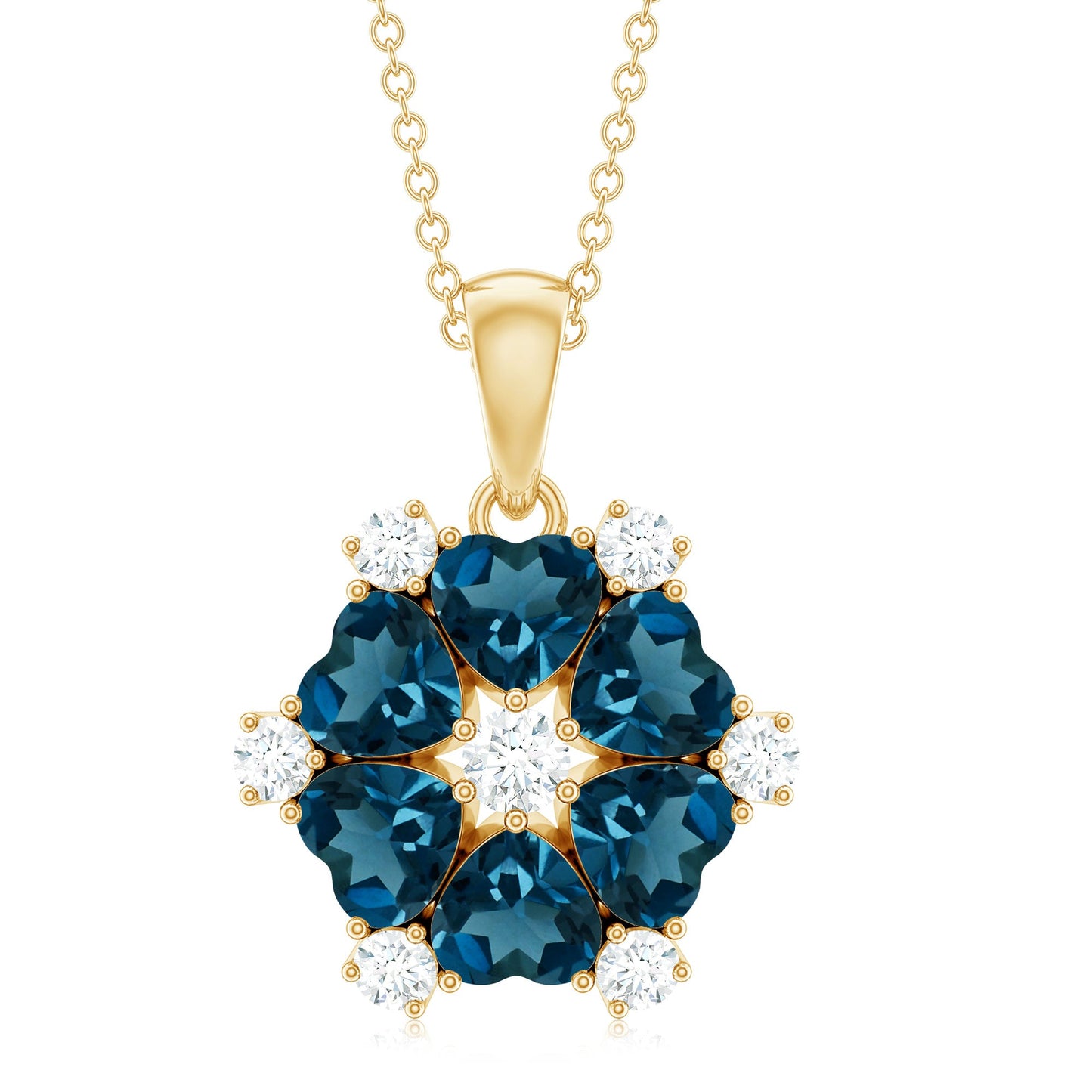 Genuine Heart Shape London Blue Topaz and Diamond Flower Necklace