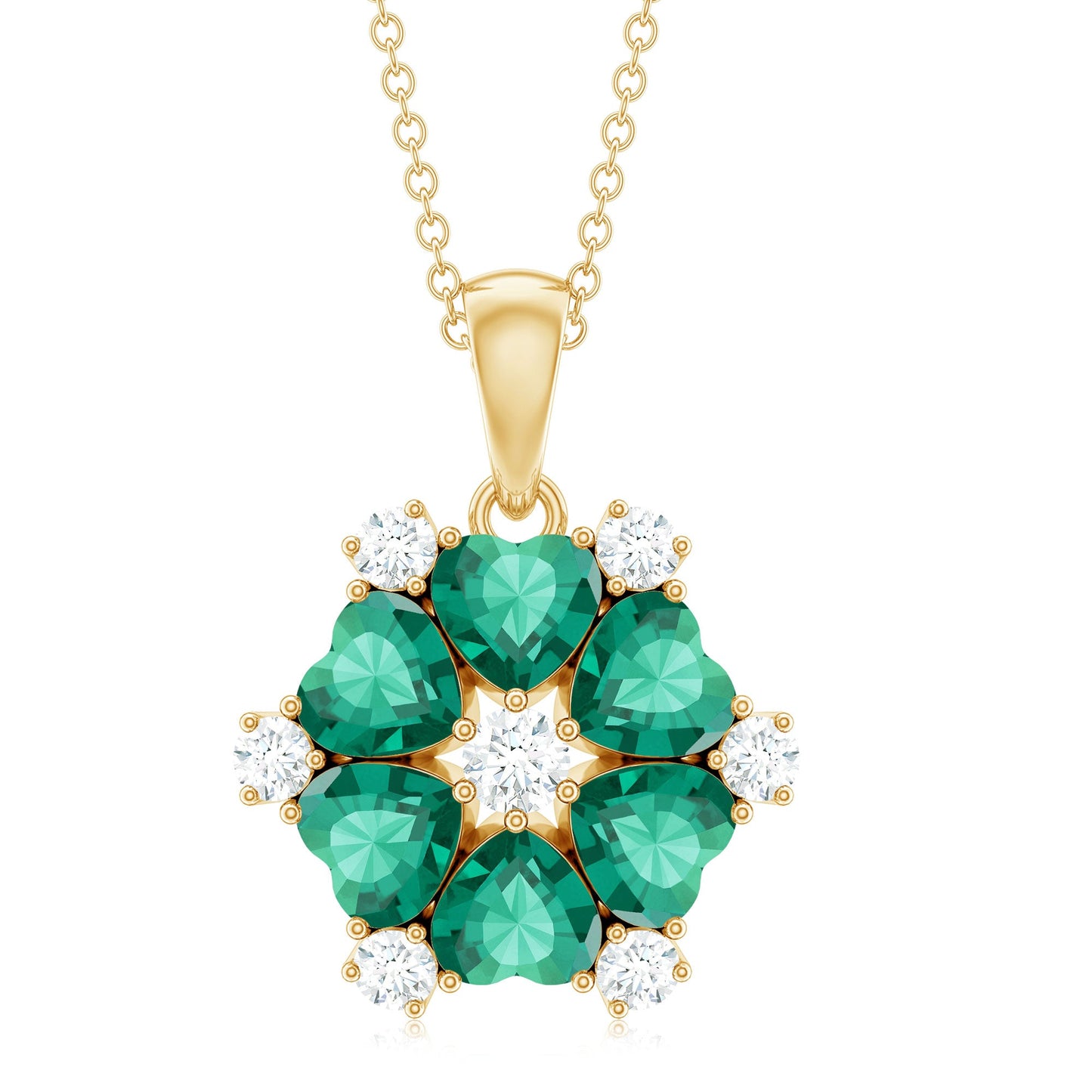 Heart Shape Lab Created Emerald and Diamond Flower Pendant