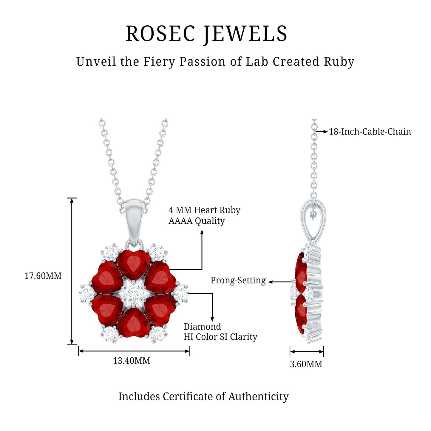 Heart Shape Lab Created Ruby and Diamond Flower Necklace