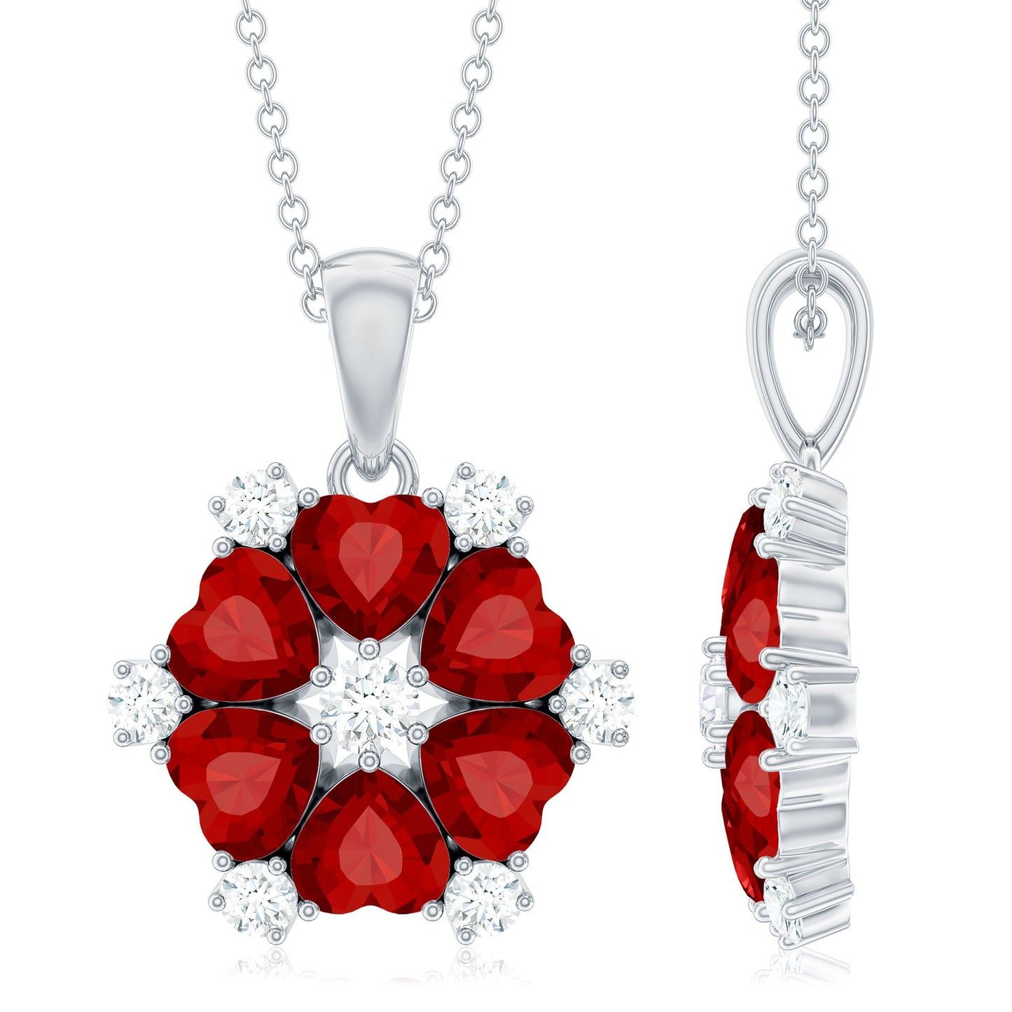 Heart Shape Lab Created Ruby and Diamond Flower Necklace