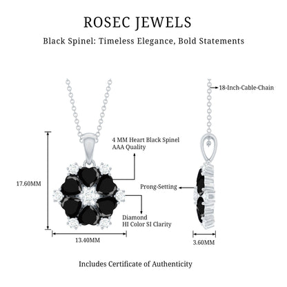 Natural Heart Shape Black Spinel Flower Pendant Necklace with Diamond