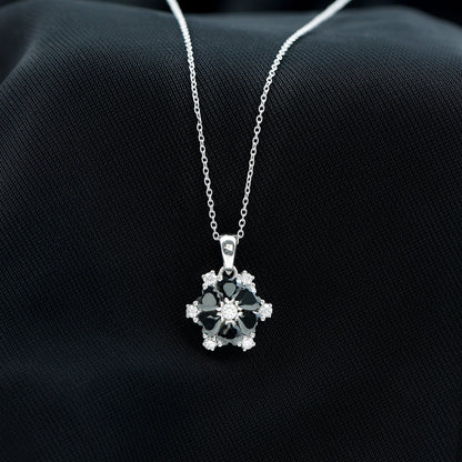 Natural Heart Shape Black Spinel Flower Pendant Necklace with Diamond
