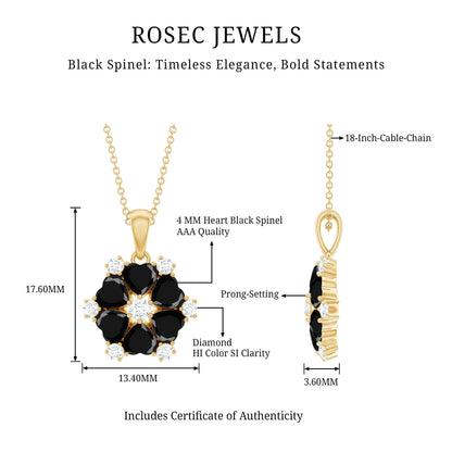 Natural Heart Shape Black Spinel Flower Pendant Necklace with Diamond