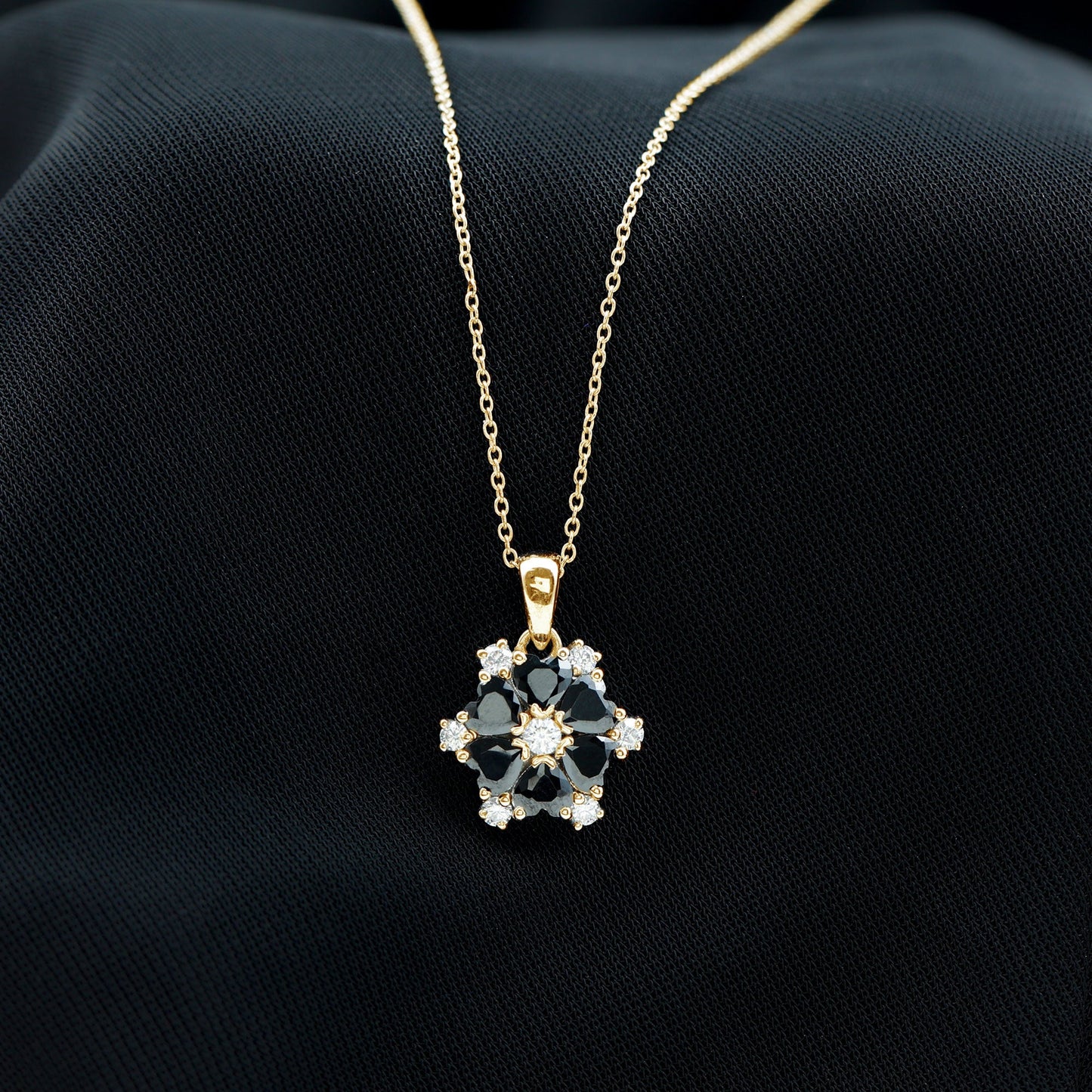 Natural Heart Shape Black Spinel Flower Pendant Necklace with Diamond