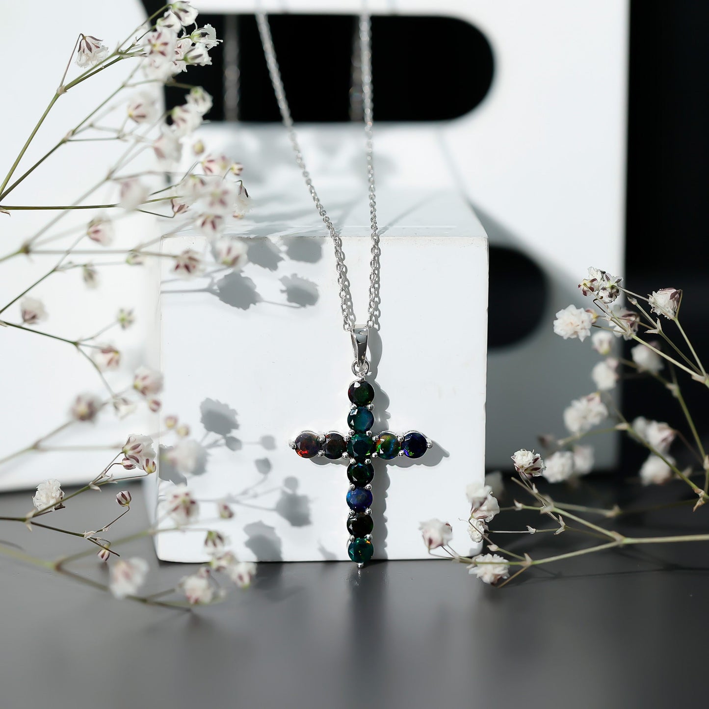 Natural Black Opal Cross Pendant Necklace in Silver