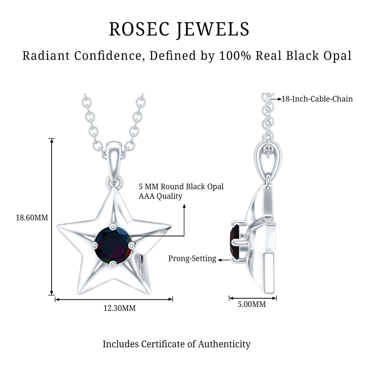 Real Half Carat Black Opal Star Pendant Necklace for Women