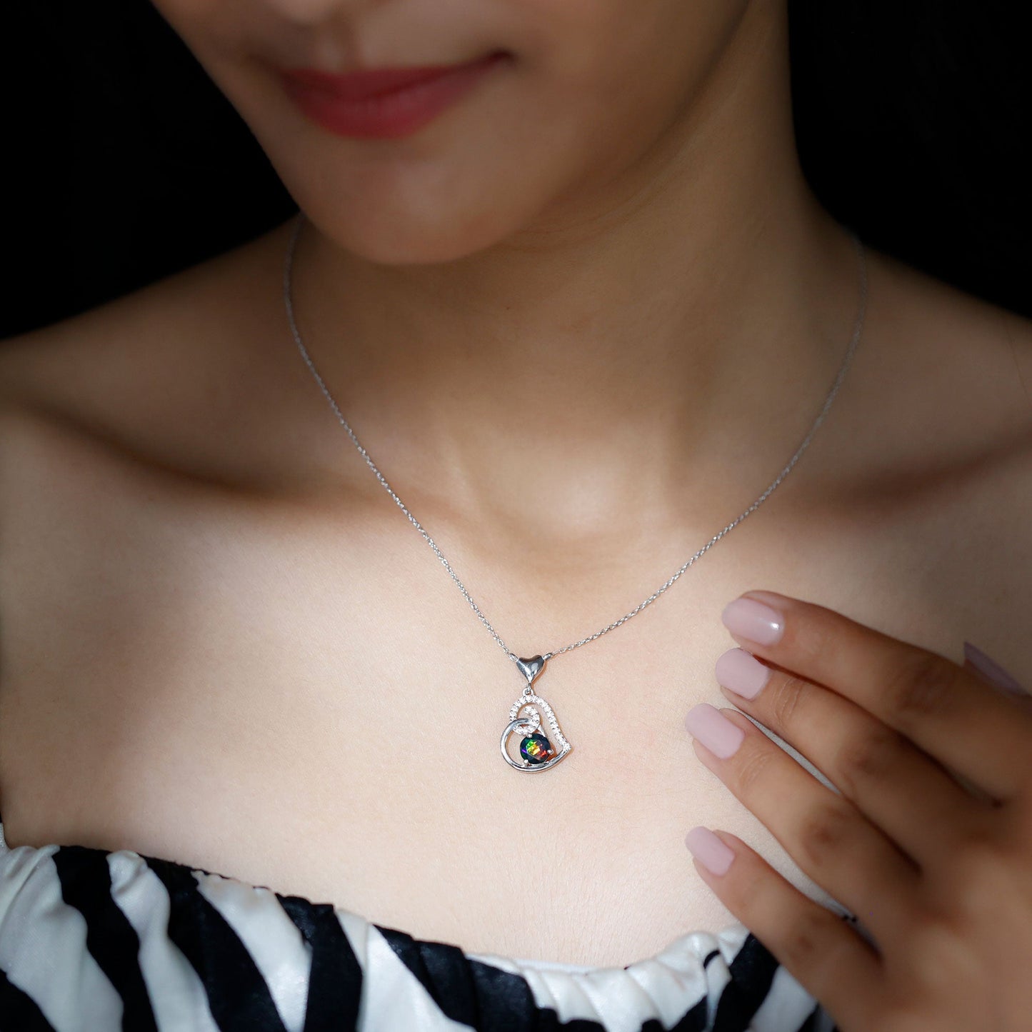 Genuine Black Opal and Moissanite Heart Drop Necklace