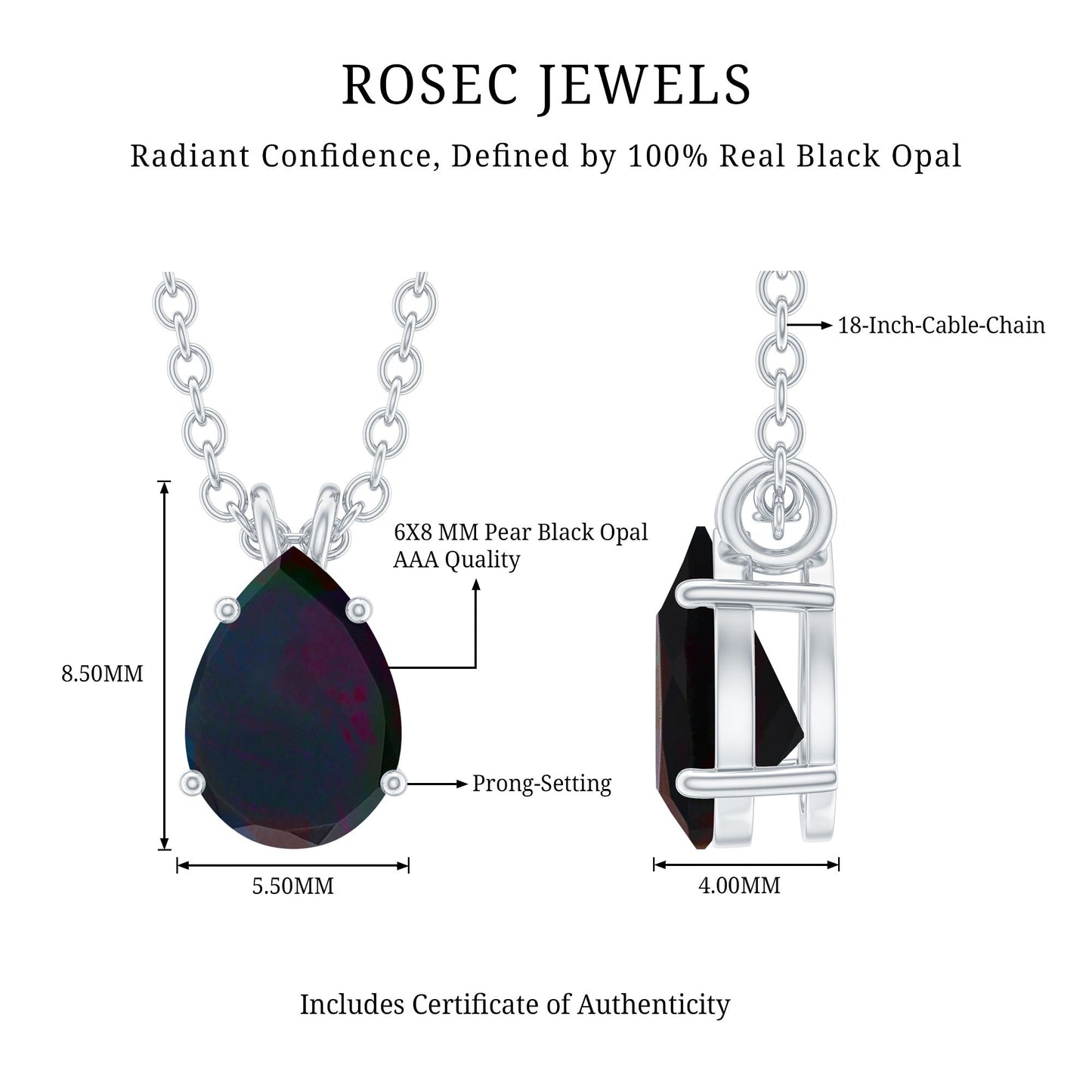Natural Solitaire Black Opal Teardrop Necklace With Chain