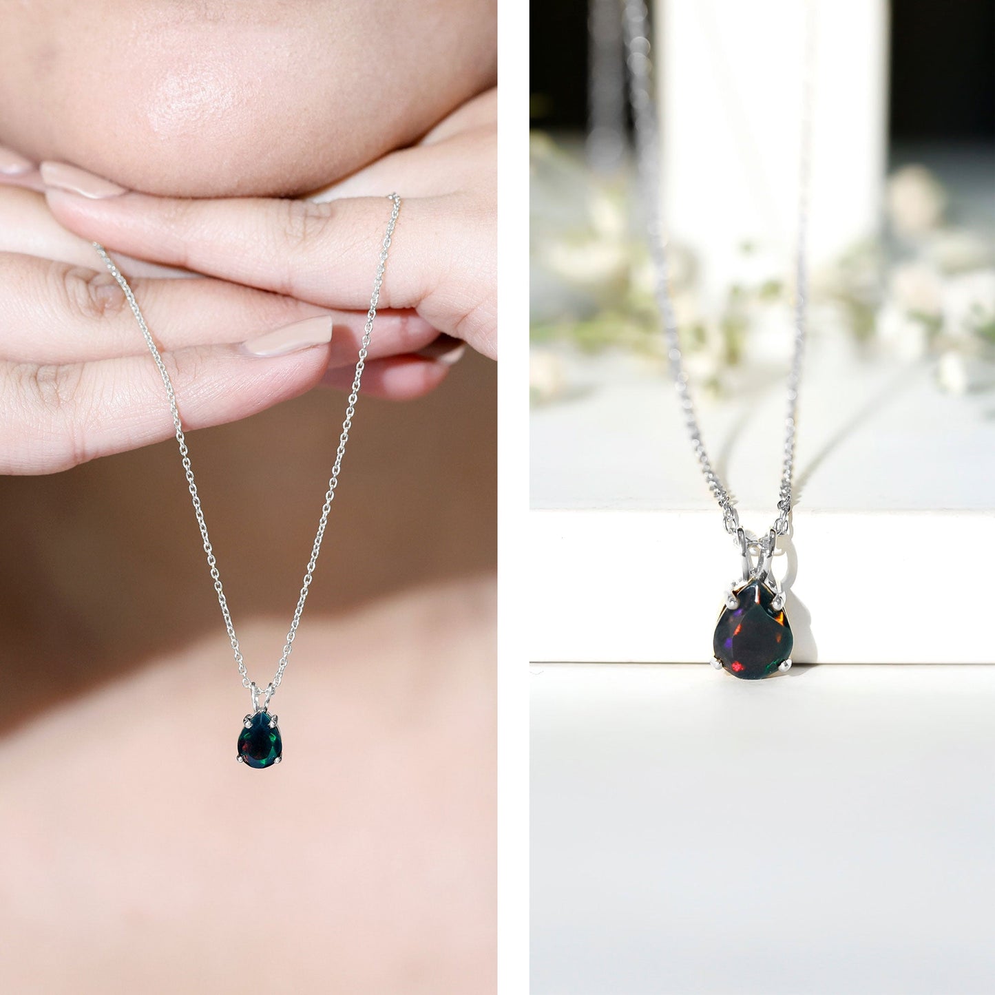 Natural Solitaire Black Opal Teardrop Necklace With Chain