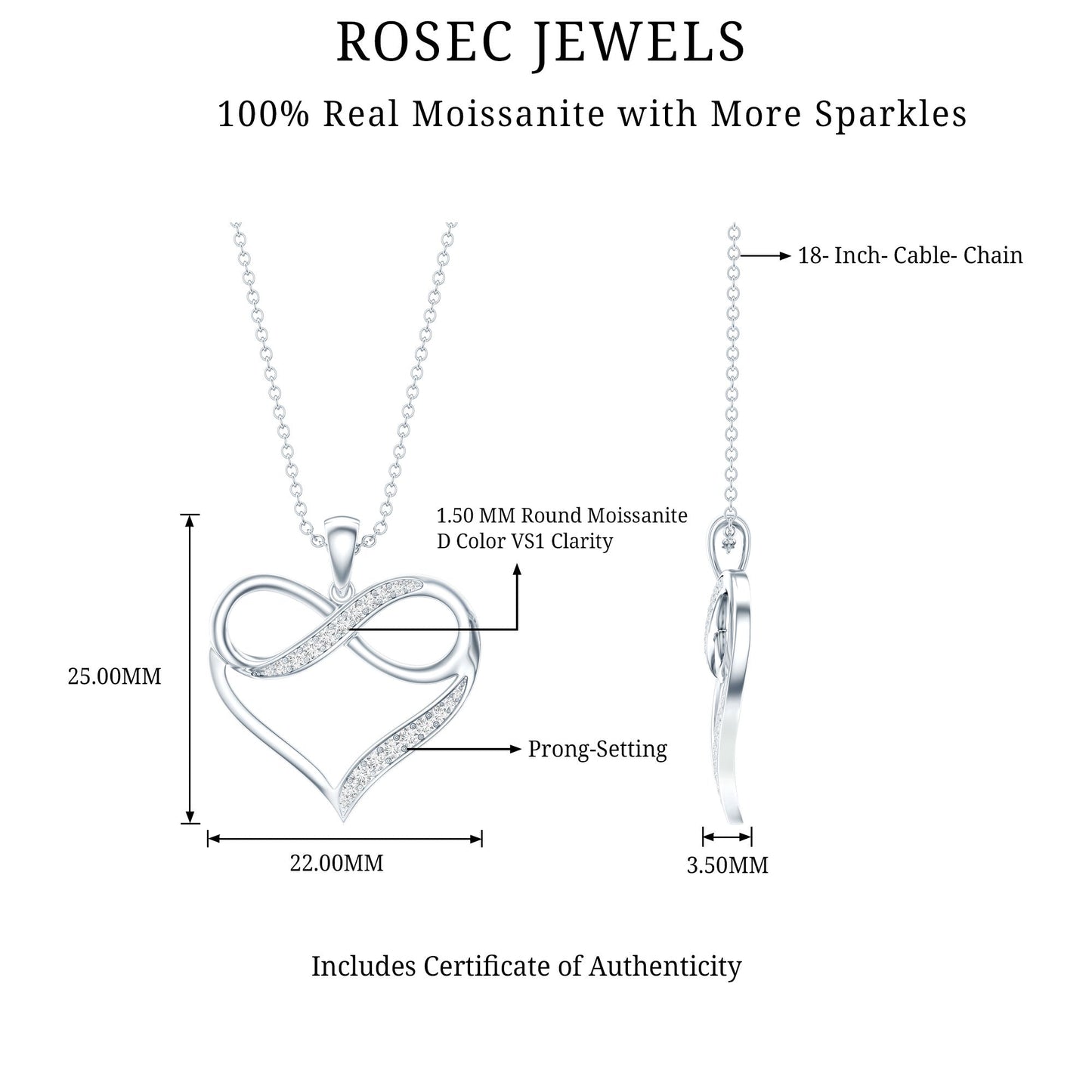 Certified Moissanite Heart and Infinity Necklace with Silver Chain