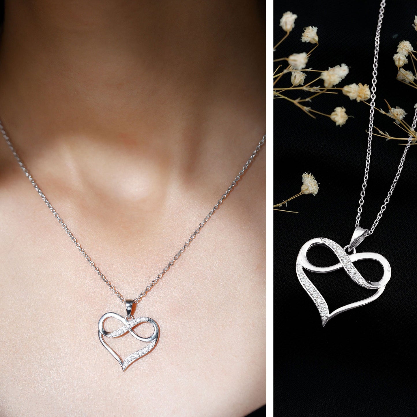 Certified Moissanite Heart and Infinity Necklace with Silver Chain