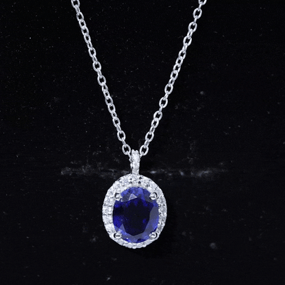 Oval Cut Created Blue Sapphire Statement Necklace With Chain