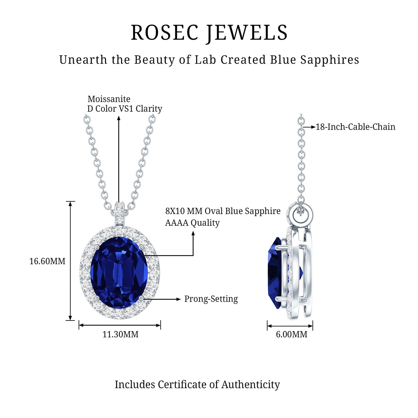 Oval Cut Created Blue Sapphire Statement Necklace With Chain