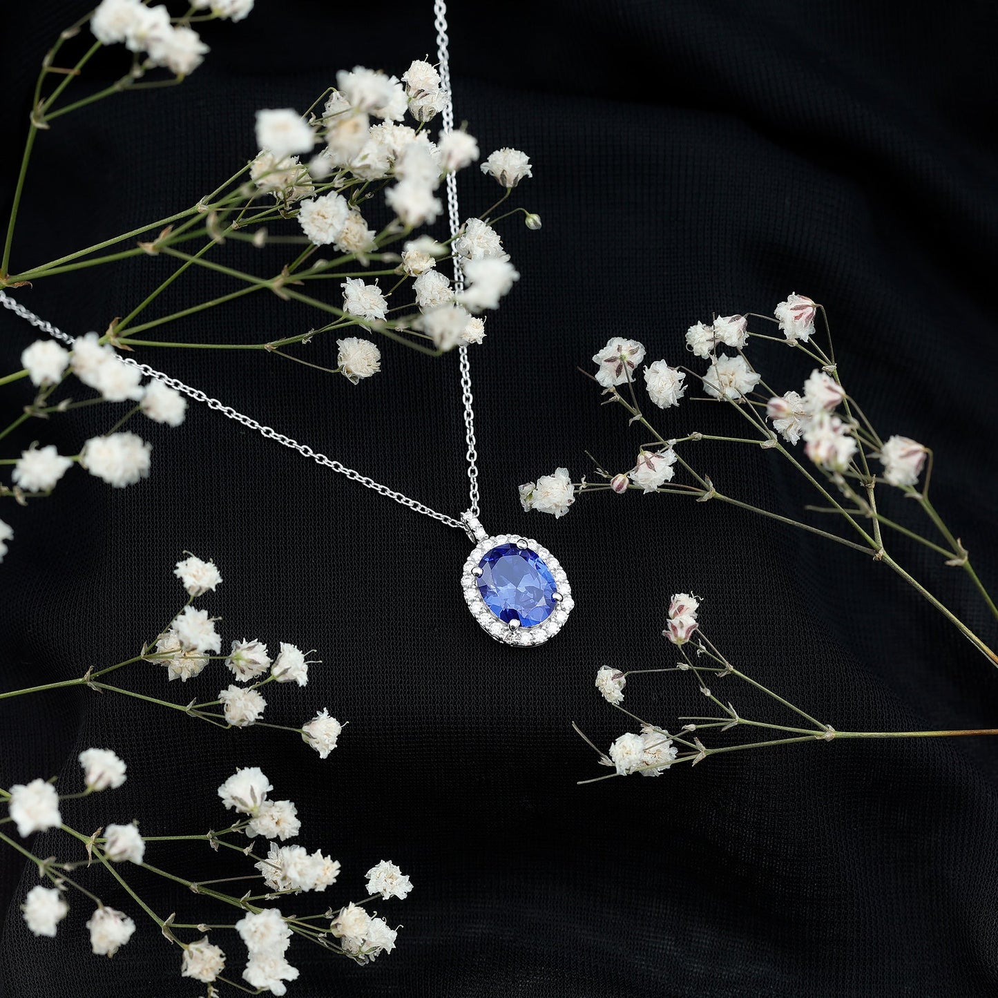 Oval Cut Created Blue Sapphire Statement Necklace With Chain