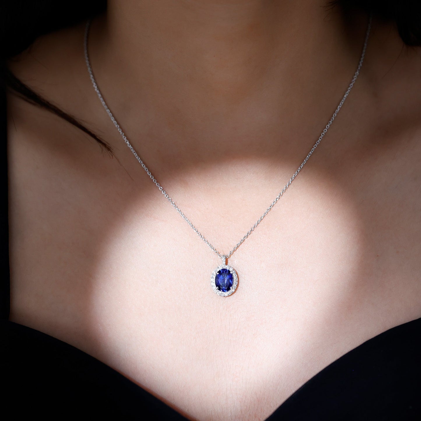 Certified 4 Carat Oval Lab Grown Blue Sapphire Bridal Necklace with Silver Chain