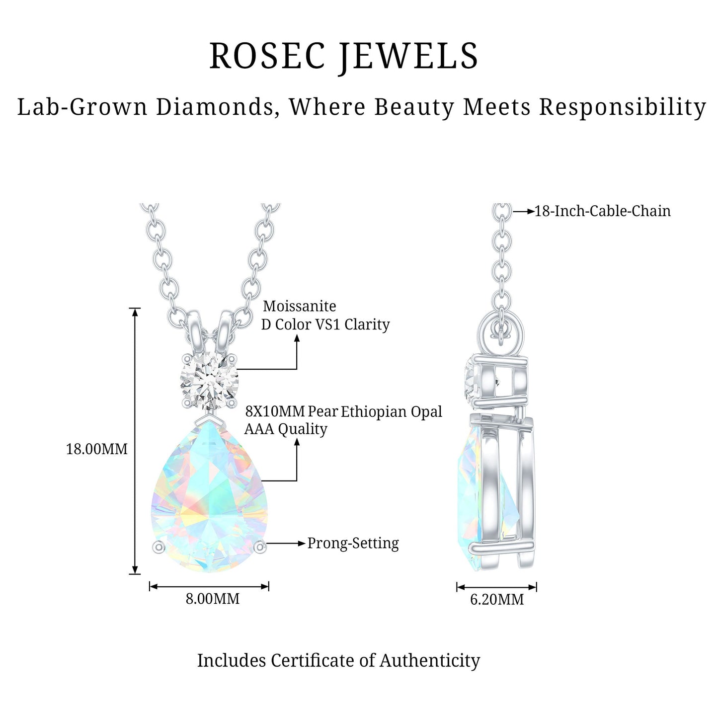 Real Ethiopian Opal Teardrop Necklace with Moissanite