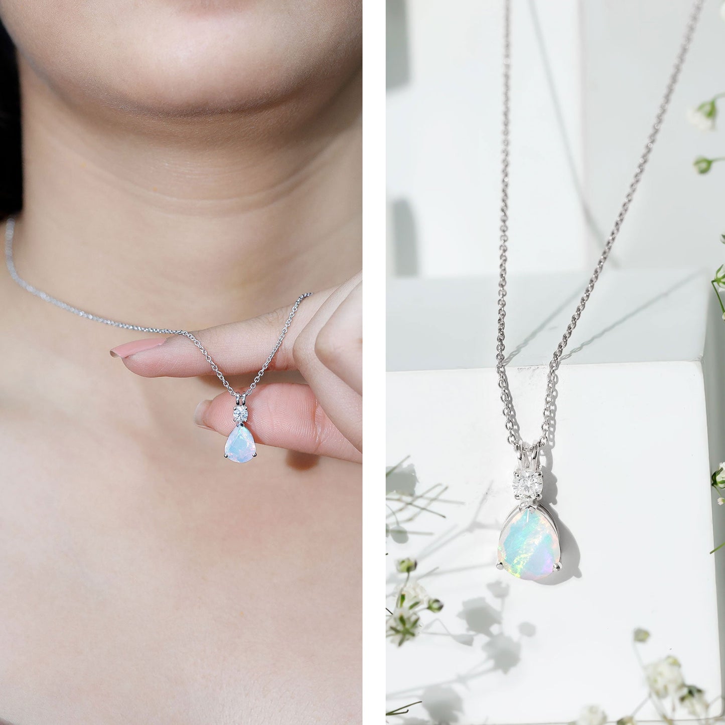 Real Ethiopian Opal Teardrop Necklace with Moissanite