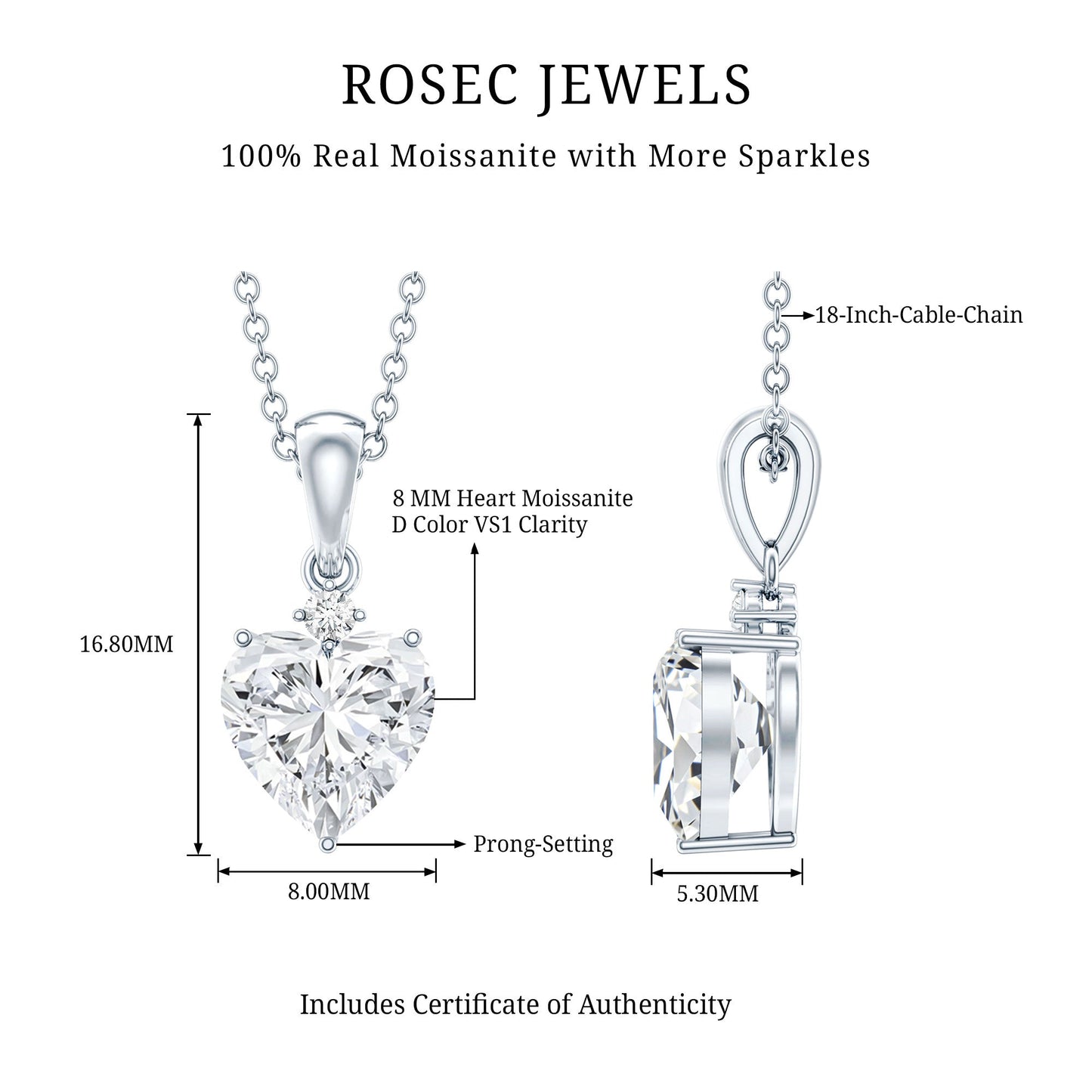 Certified 2 Carat Moissanite Solitaire Heart Necklace