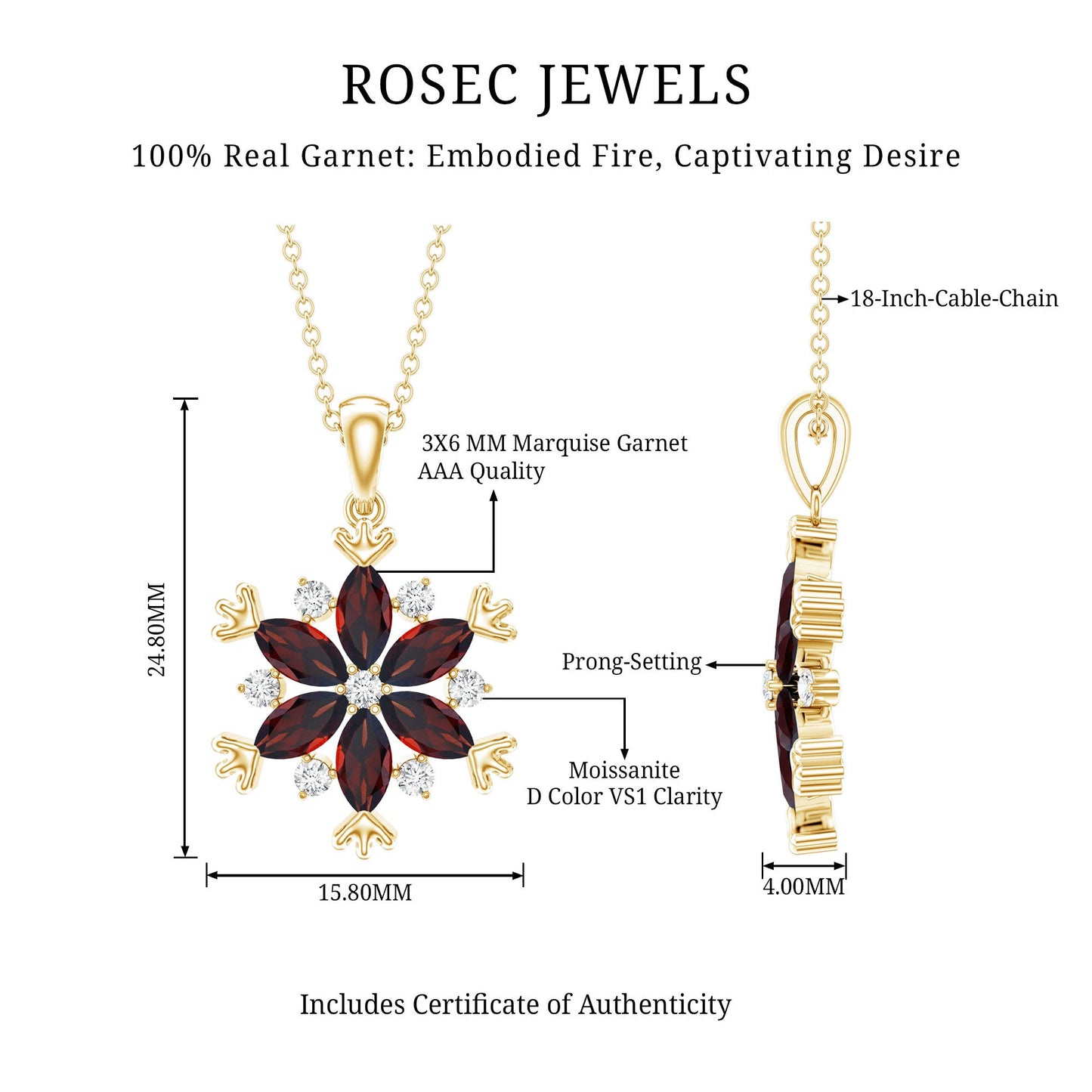 Real Garnet Flower Pendant Necklace in Yellow Gold Plated Silver