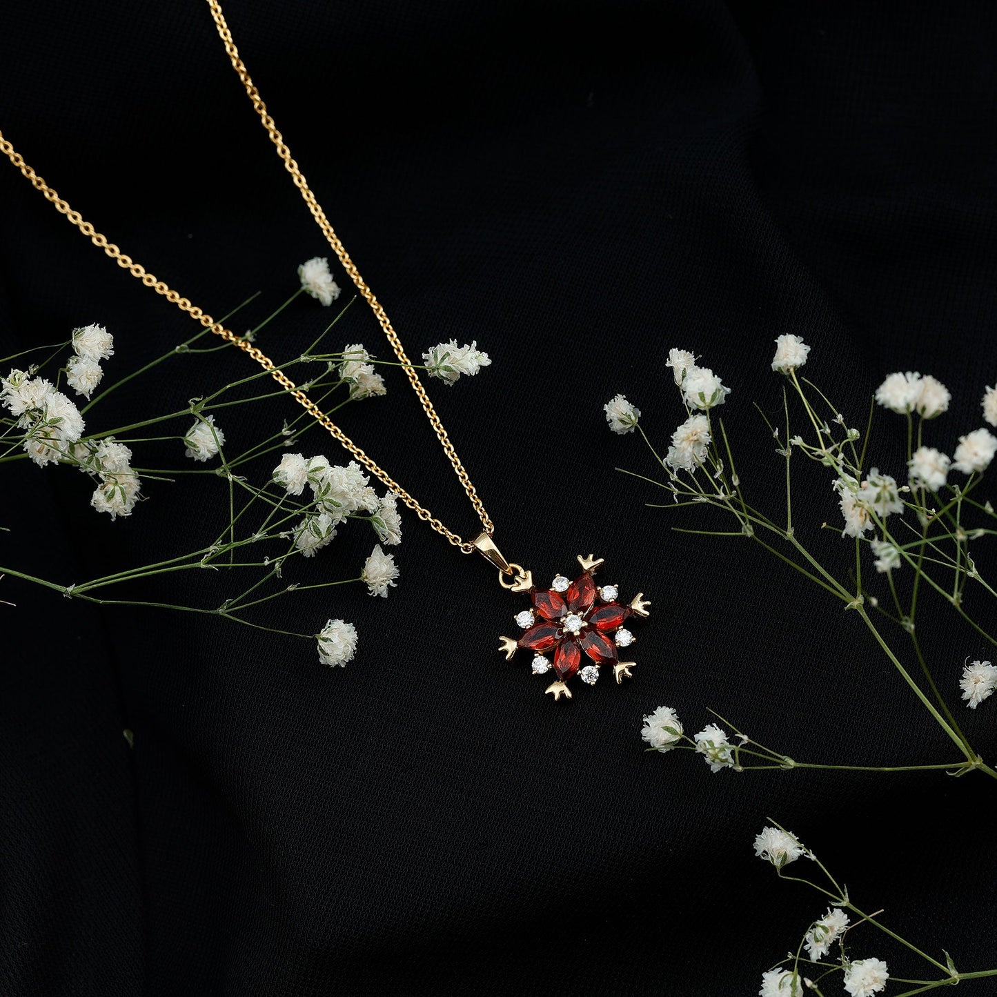 Real Garnet Flower Pendant Necklace in Yellow Gold Plated Silver