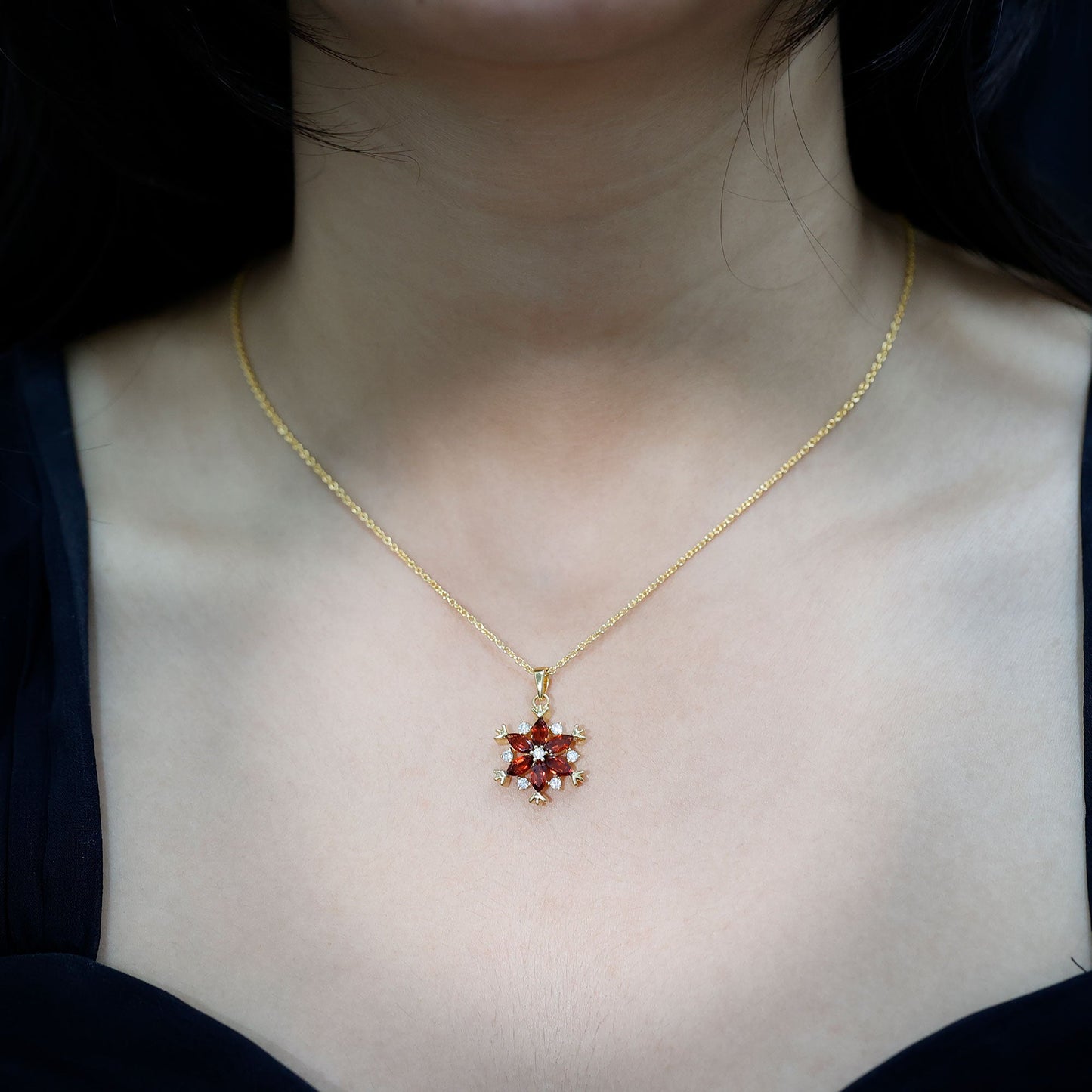 Real Garnet Flower Pendant Necklace in Yellow Gold Plated Silver