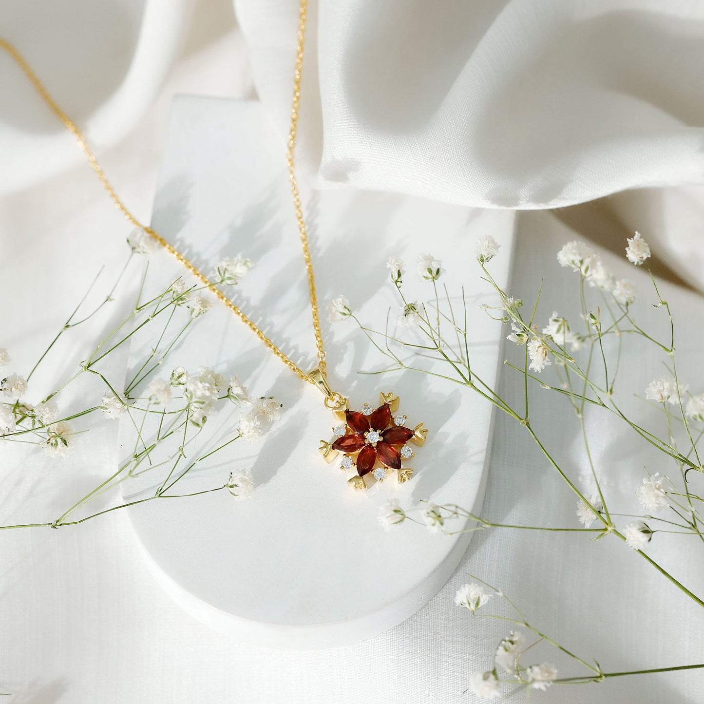 Real Garnet Flower Pendant Necklace in Yellow Gold Plated Silver