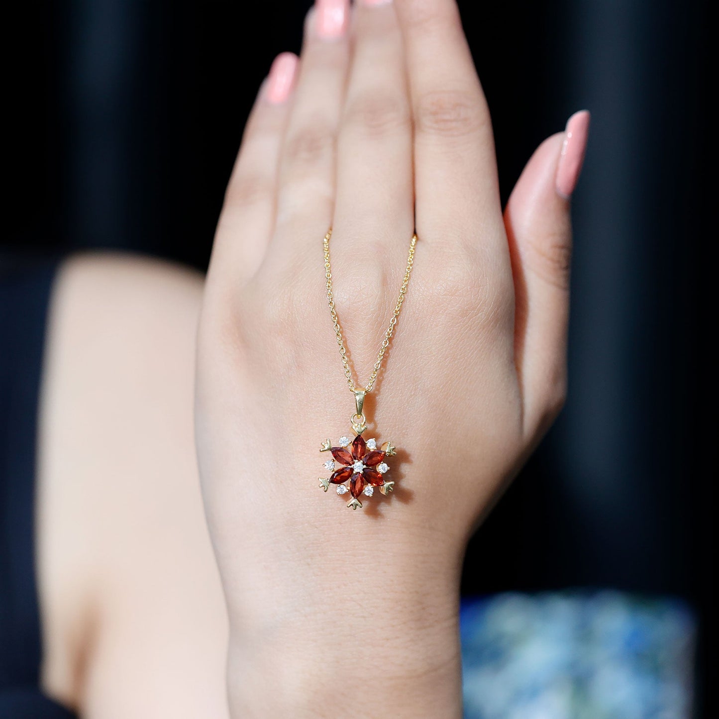 Real Garnet Flower Pendant Necklace in Yellow Gold Plated Silver
