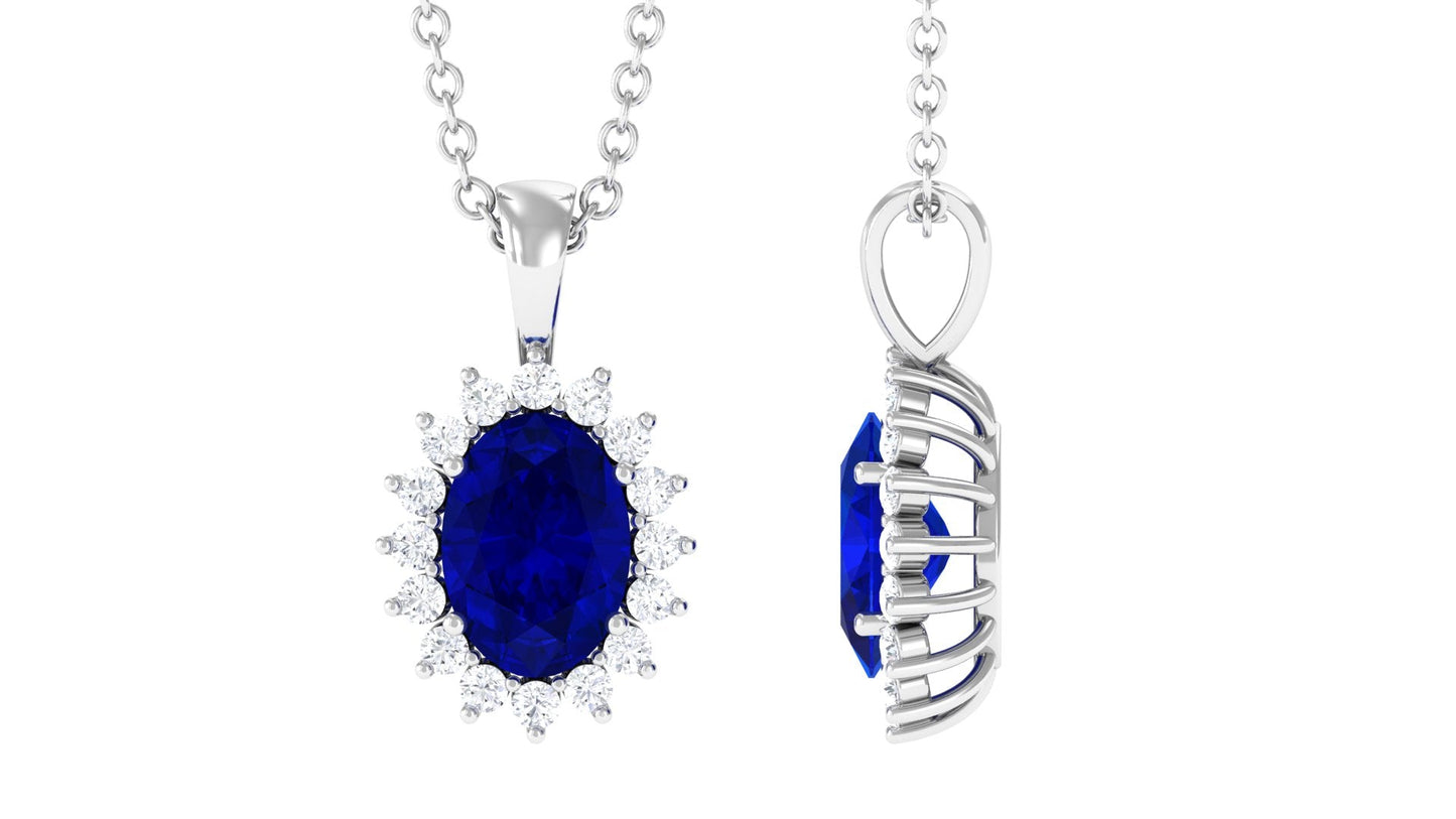 1.5 Carat Oval Shape Lab Grown Blue Sapphire Princess Diana Inspired Necklace