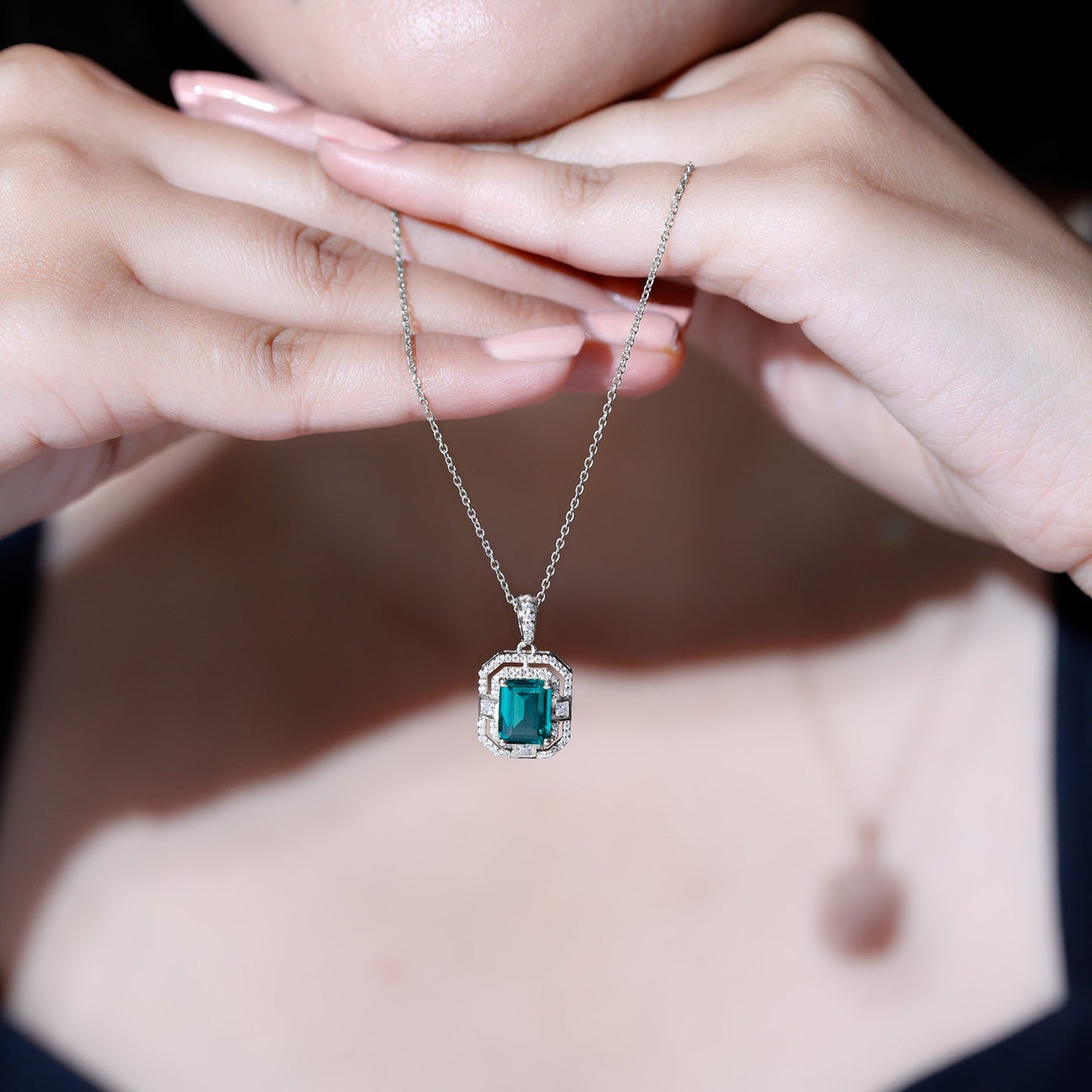 Octagon Cut Lab Created Emerald Vintage Necklace With Chain