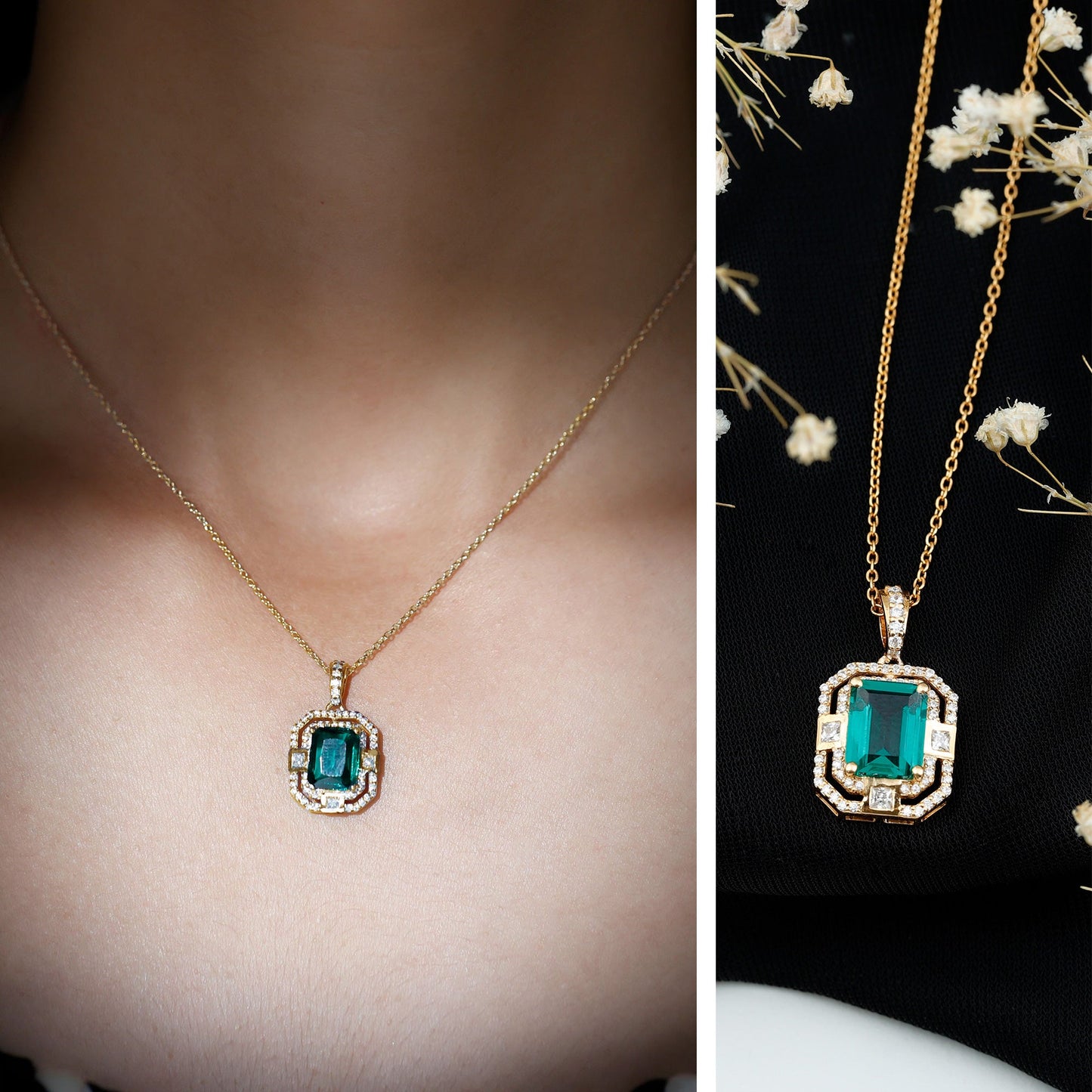 Octagon Cut Lab Created Emerald Vintage Necklace With Chain