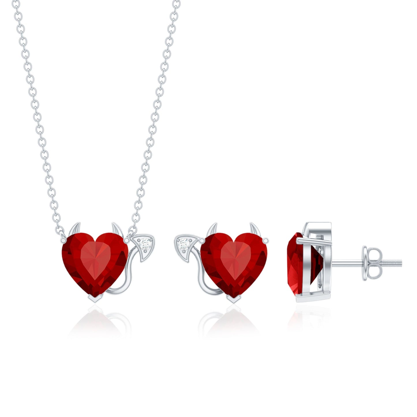 Lab Grown Ruby Heart Necklace And Earrings Set With Diamond