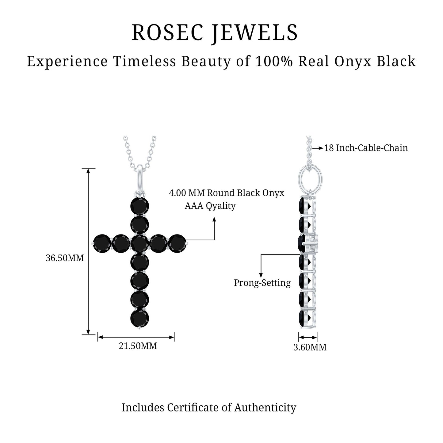 Certified Real Black Onyx Cross Pendant Necklace with Silver Chain