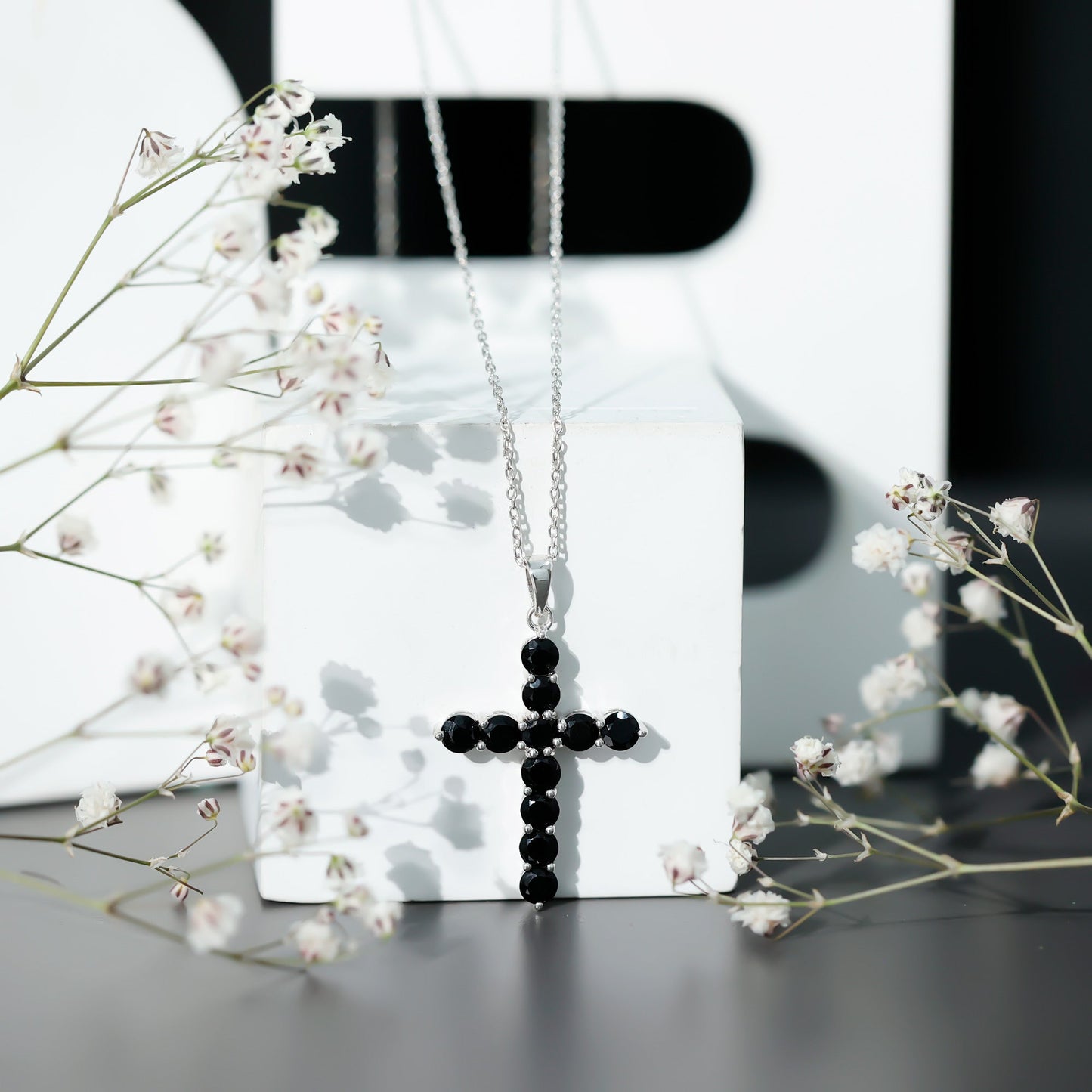 Certified Real Black Onyx Cross Pendant Necklace with Silver Chain